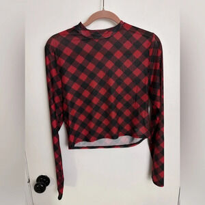 Women Top Buffalo Plaid Sheer T Shirt Mesh Blouse stretchy cropped Size xl #1472